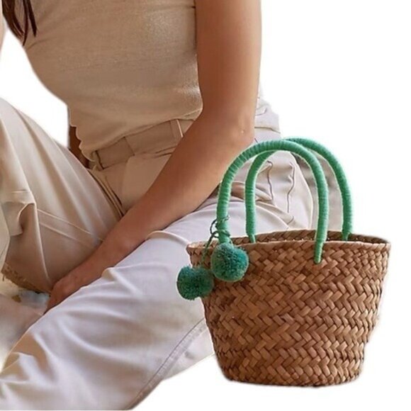KAYU Mini St Tropez Straw Tote Bag Pom Pom Natural Sea foam Green Travel - Picture 14 of 14